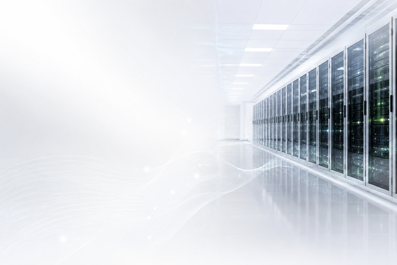 Rows of illuminated server racks in a bright UK data hall